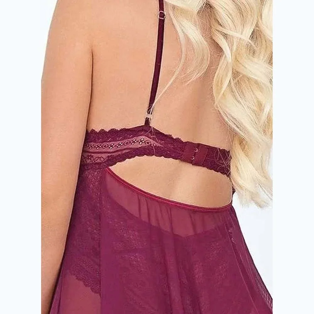 Plus Size Lace Teddy Lingerie Dark Red Underwire Flyaway Mesh Skirt Bodysuit 1X